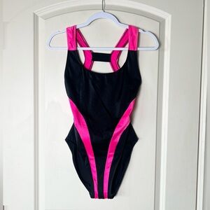Vintage 90s French cut swimsuit black and neon pink Palisades Beach Club, 12